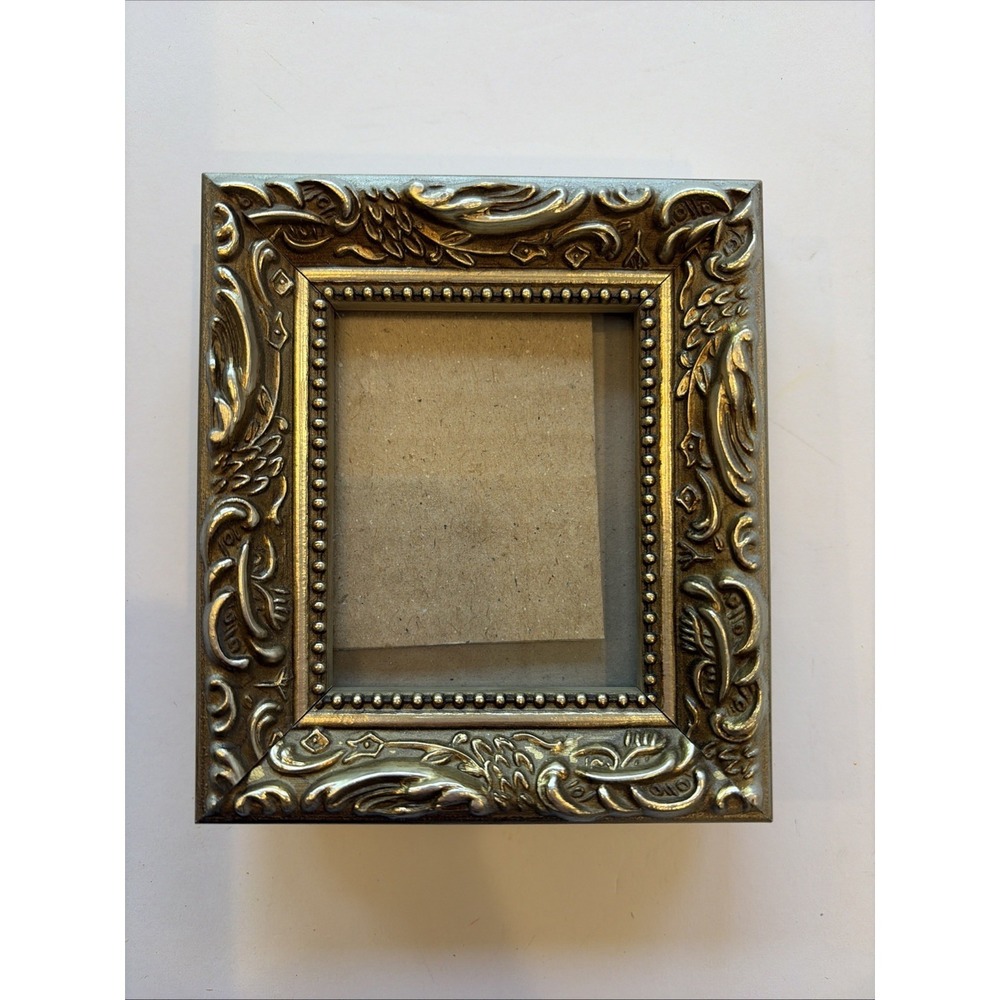 Small Ornate Baroque Picture Frame Gold Silver Two-Tone Scrollwork Resin 4x4
